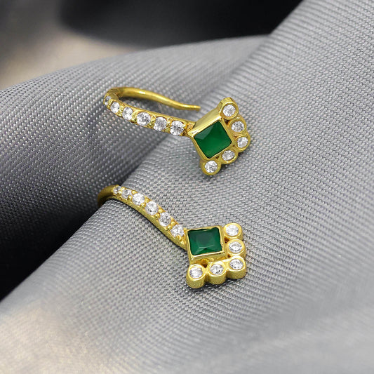 Pure Silver Gold Plated Earrings - Emerald Charm with CZ Fillings - Tweov Jewels