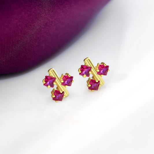Pure Silver Gold Plated Earrings - Triple Pink Ruby Blossom - Tweov Jewels