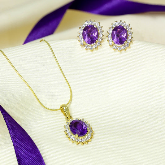 Gold-Plated Purple Color Stone Pendant & Earrings Set - Tweov Jewels