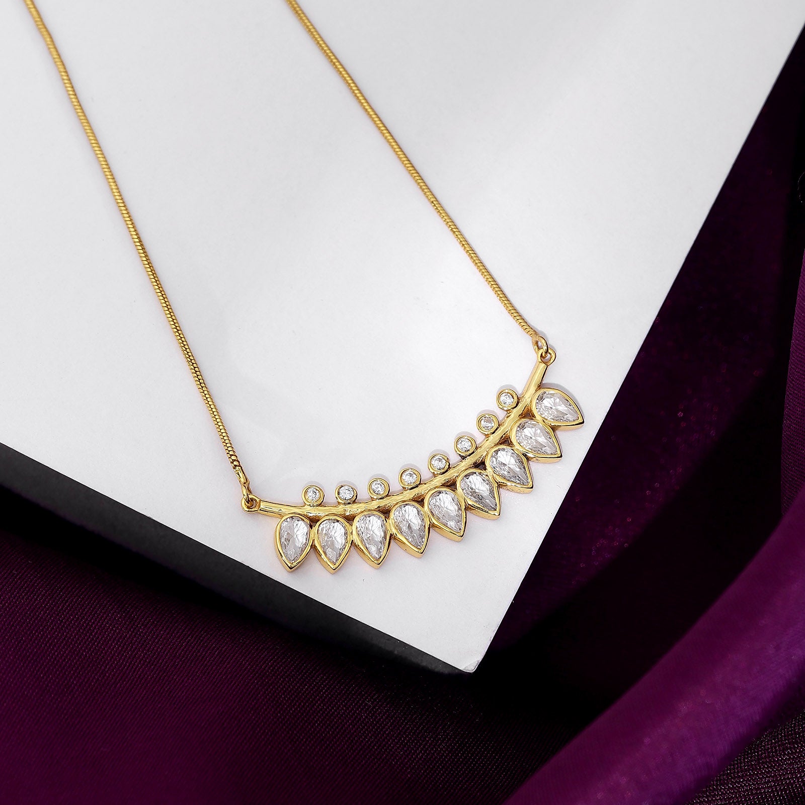 Pure Silver Necklace - A string of Golden CZ Leaves - Tweov Jewels
