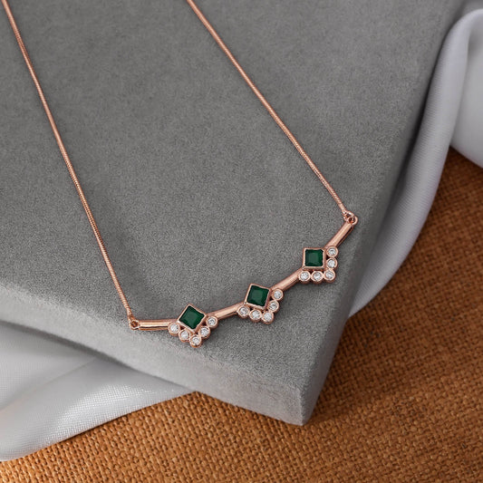 Pure Silver Necklace - Rosegold Plated Emerald Triad Radiance - Tweov Jewels