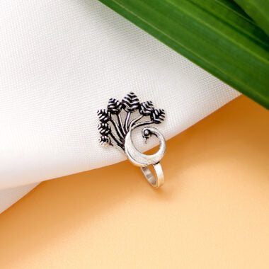 Pure Silver Nose Ring - Majestic Plumage of Oxidised Peacock - Tweov Jewels