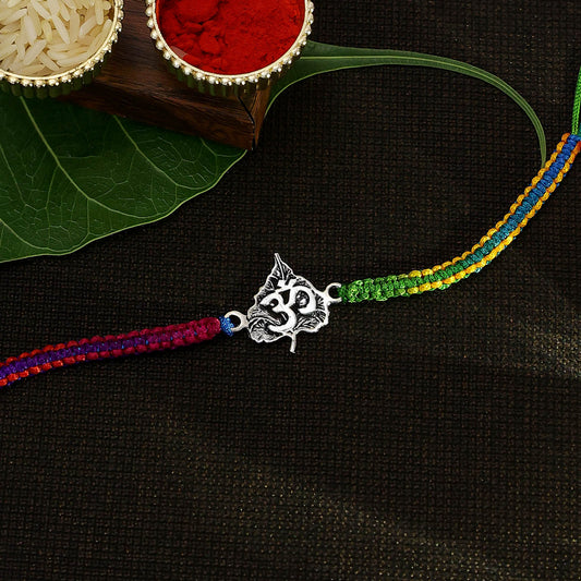Om with Leaf Design Silver Rakhi - Tweov Jewels