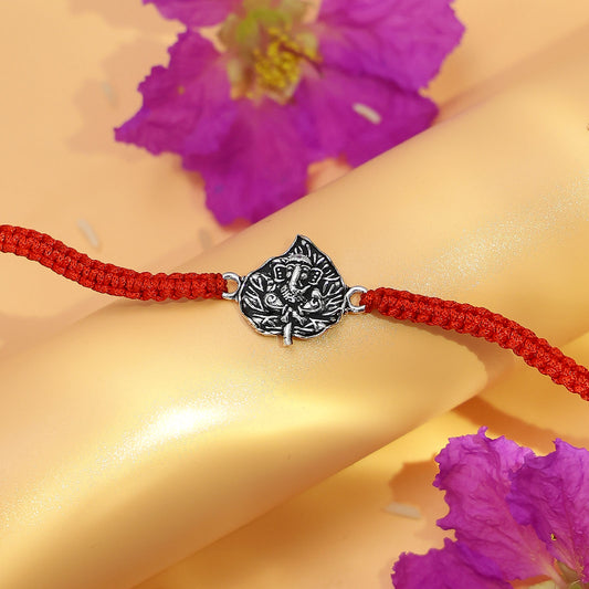 Shree Ganesh Ji with Leaf Design Silver Rakhi - Tweov Jewels