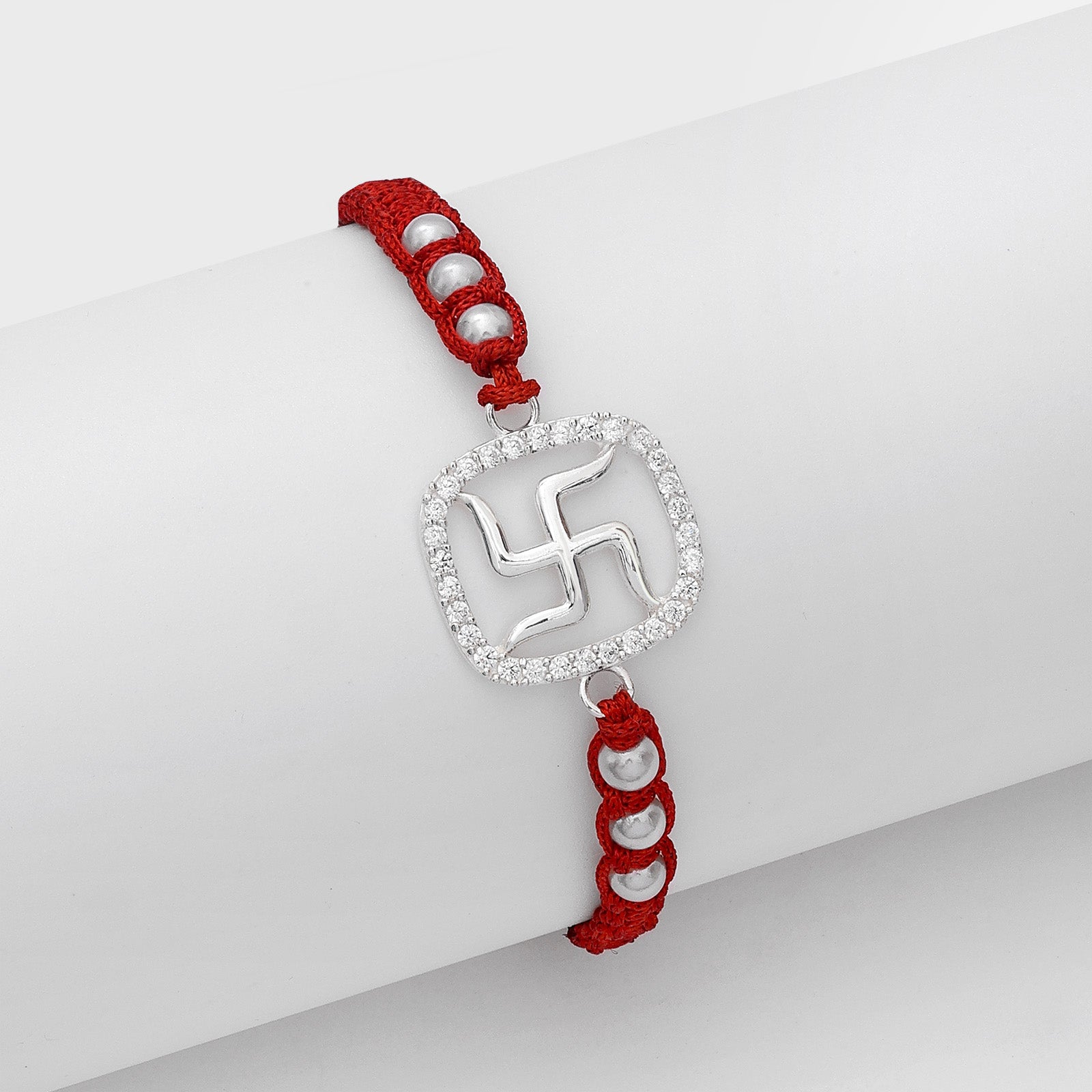 Pure Silver Rakhi - Stone Swastik in Red Beaded Thread - Tweov Jewels