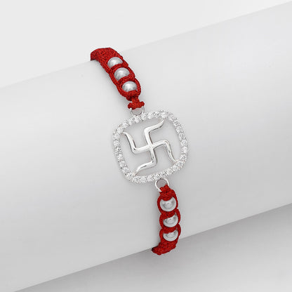 Pure Silver Rakhi - Stone Swastik in Red Beaded Thread - Tweov Jewels