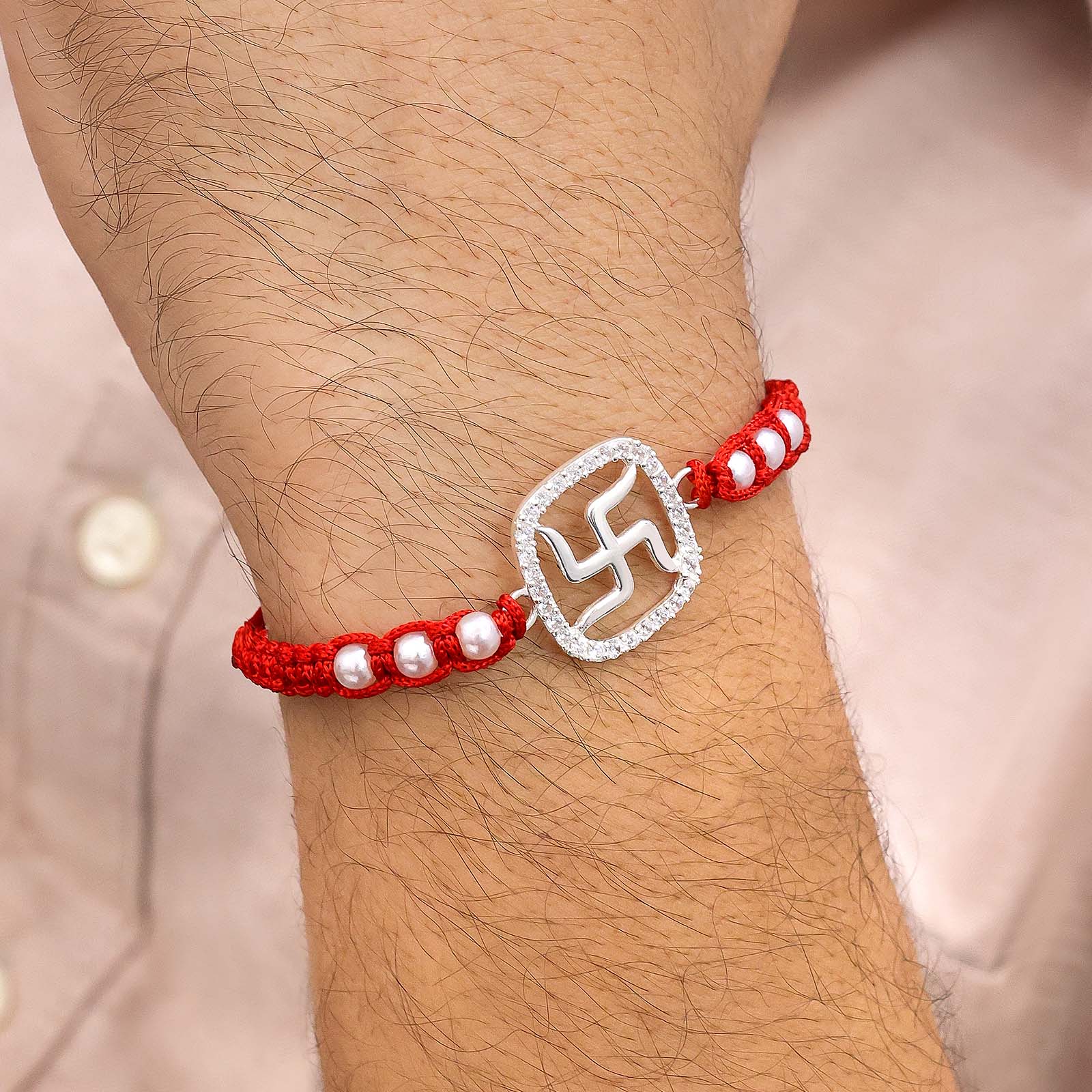 Pure Silver Rakhi - Stone Swastik in Red Beaded Thread - Tweov Jewels
