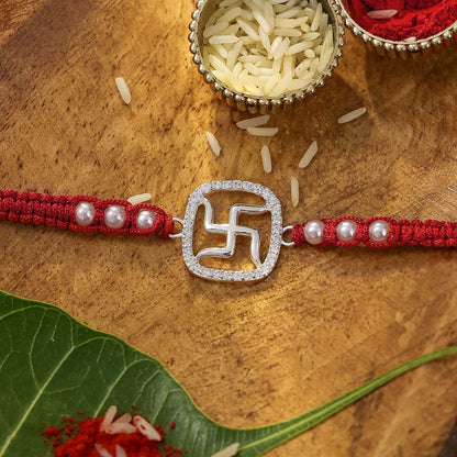 Pure Silver Rakhi - Stone Swastik in Red Beaded Thread - Tweov Jewels
