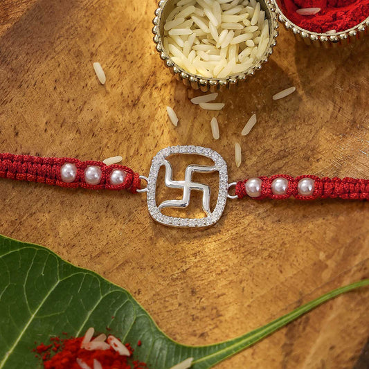 Pure Silver Rakhi - Stone Swastik in Red Beaded Thread - Tweov Jewels