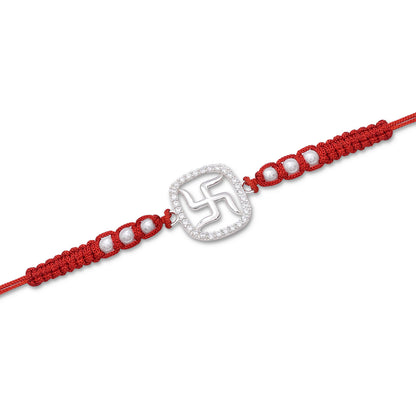 Pure Silver Rakhi - Stone Swastik in Red Beaded Thread - Tweov Jewels