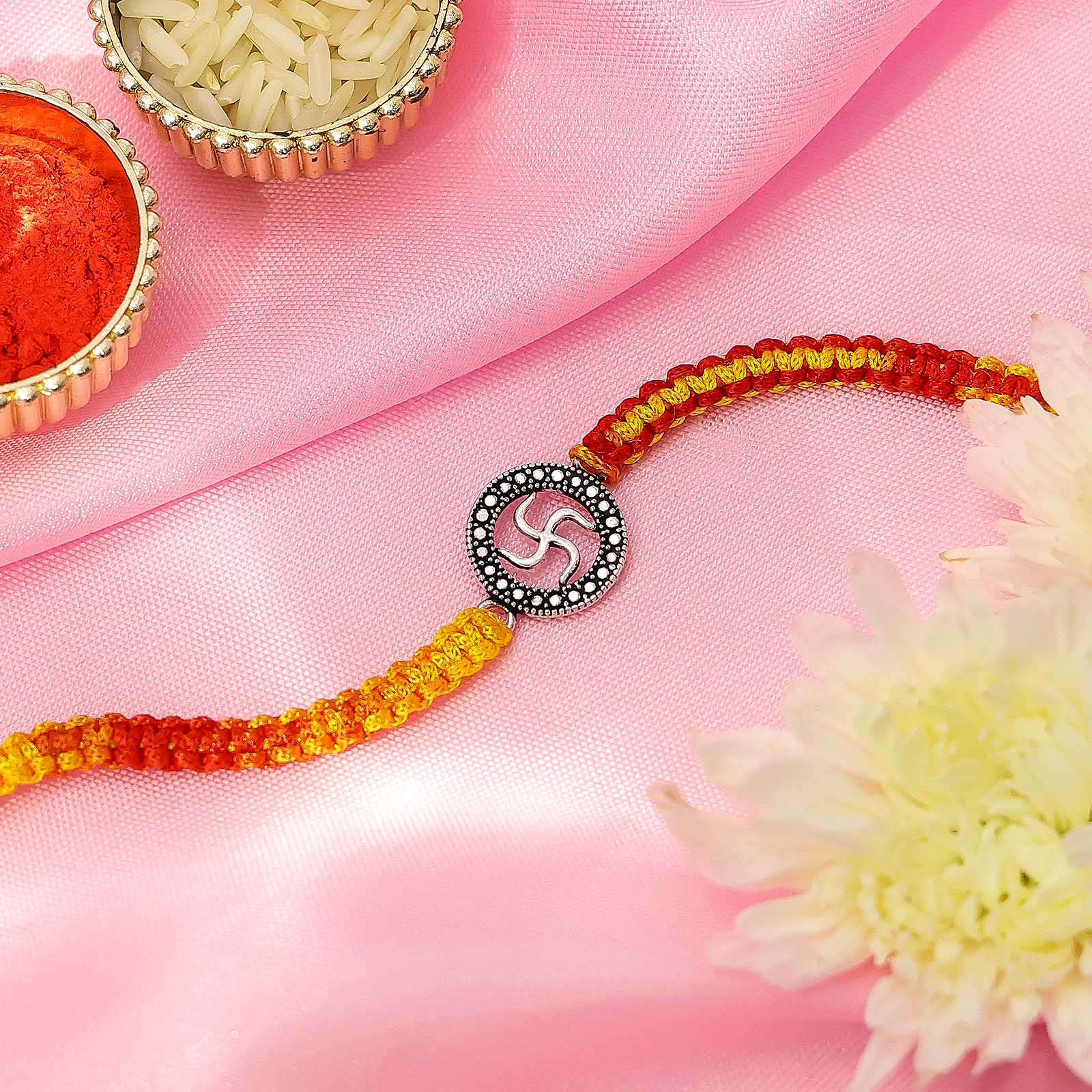 Pure Silver Rakhi - Swastika Harmony With Dotted Circle - Tweov Jewels