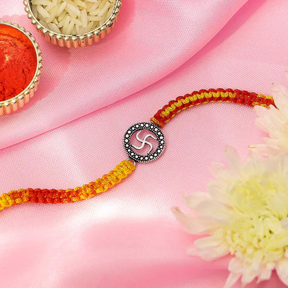 Pure Silver Rakhi - Swastika Harmony With Dotted Circle - Tweov Jewels