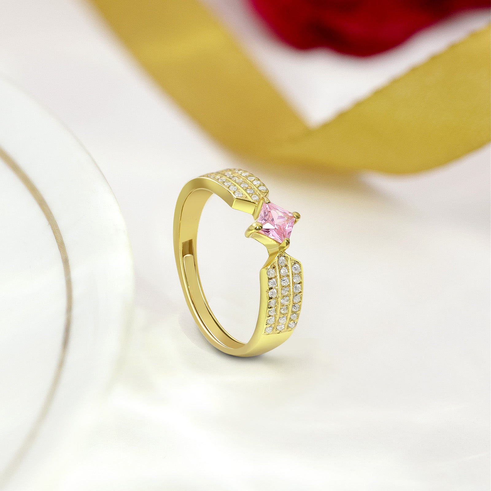 Pure Silver Ring - Adjustable Model With Pink & CZ Gems - Tweov Jewels