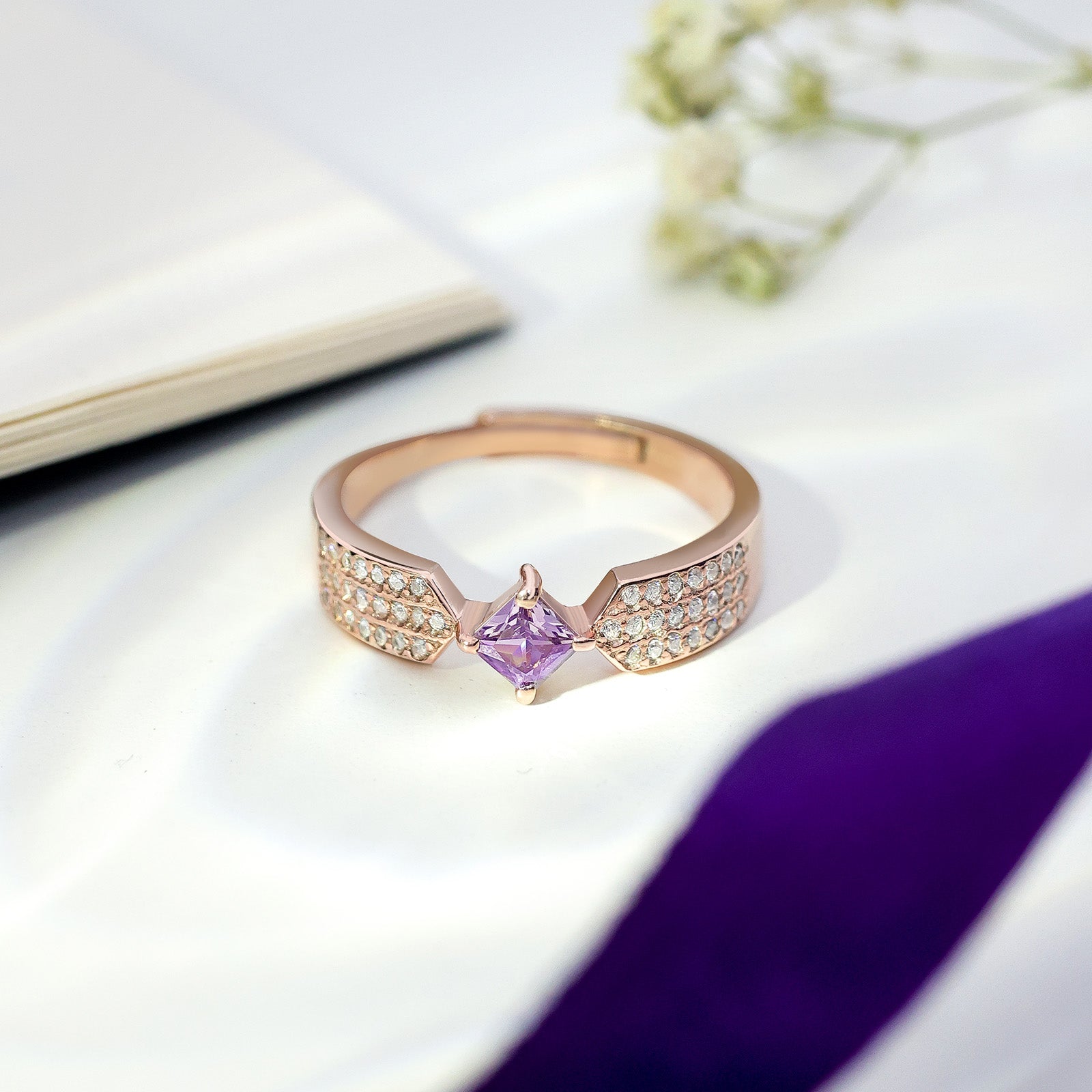 Pure Silver Ring - Adjustable Model With Purple & CZ Gems - Tweov Jewels