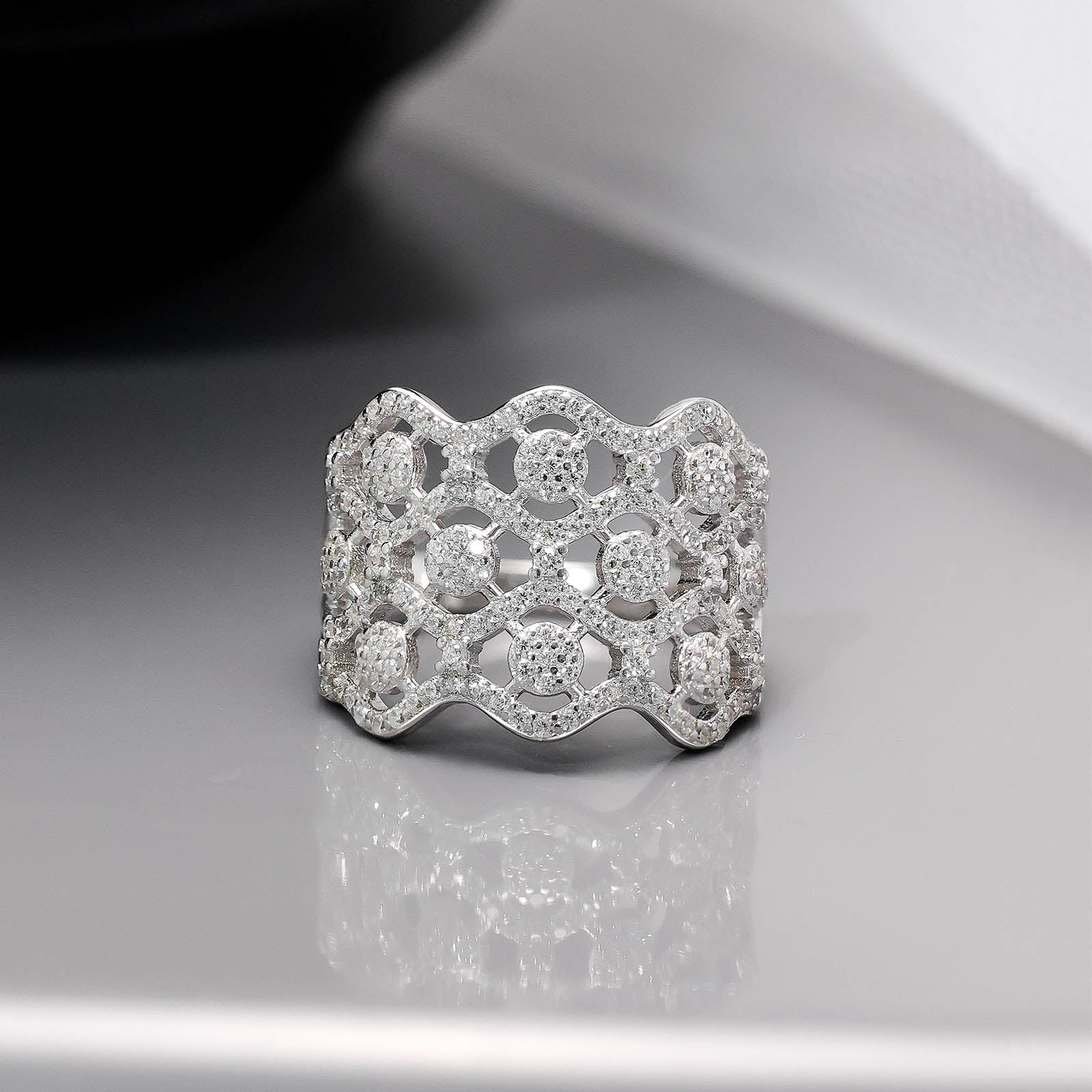 CZ Studded Designer Silver Crown Ring - Tweov Jewels