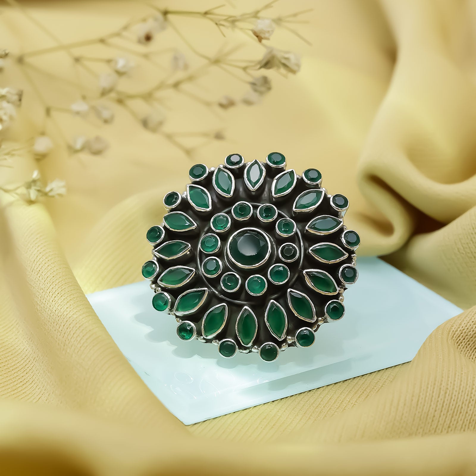 Pure Silver Ring - Emerald Blossom Filigree - Tweov Jewels