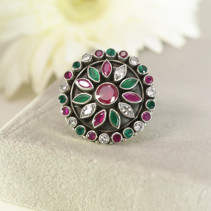 Pure Silver Ring - Garden of Emerald and Ruby Sparkle - Tweov Jewels