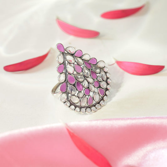Pure Silver Ring - Giant Dewdrop in Opal and Crystal - Tweov Jewels