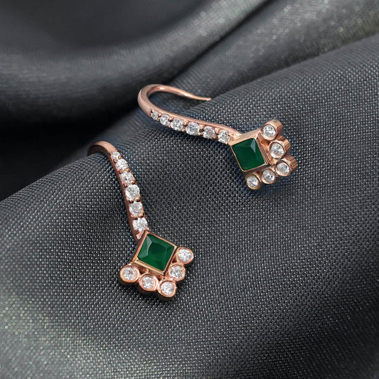 Pure Silver Rose Gold Earrings - Emerald Charm with CZ Fillings - Tweov Jewels