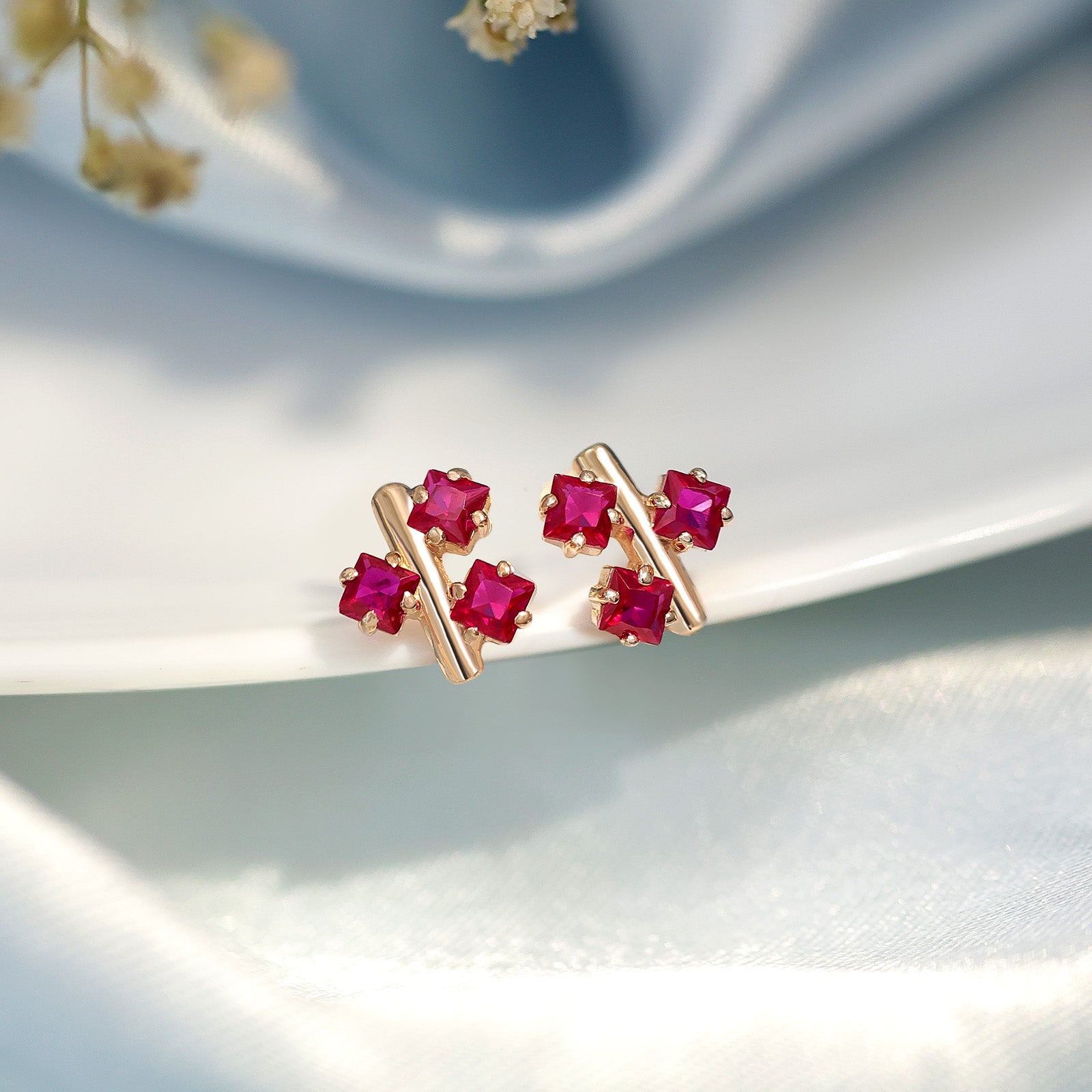 Pure Silver Rose Gold  Earrings - Triple Pink Ruby Blossom - Tweov Jewels