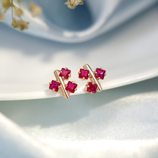 Pure Silver Rose Gold  Earrings - Triple Pink Ruby Blossom - Tweov Jewels