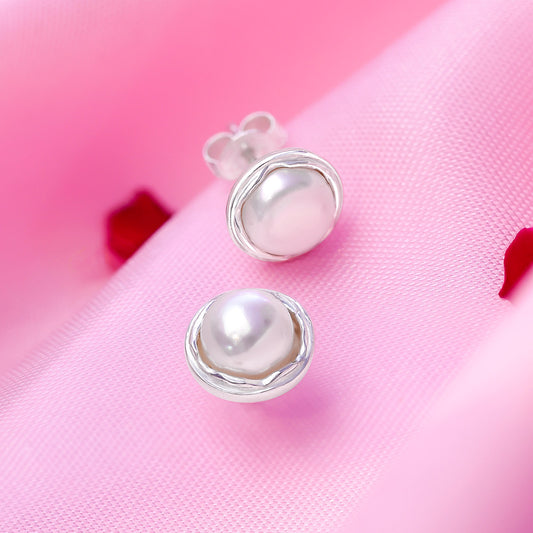 Pure Silver Stud Earrings - Radiance of Round White Pearl - Tweov Jewels