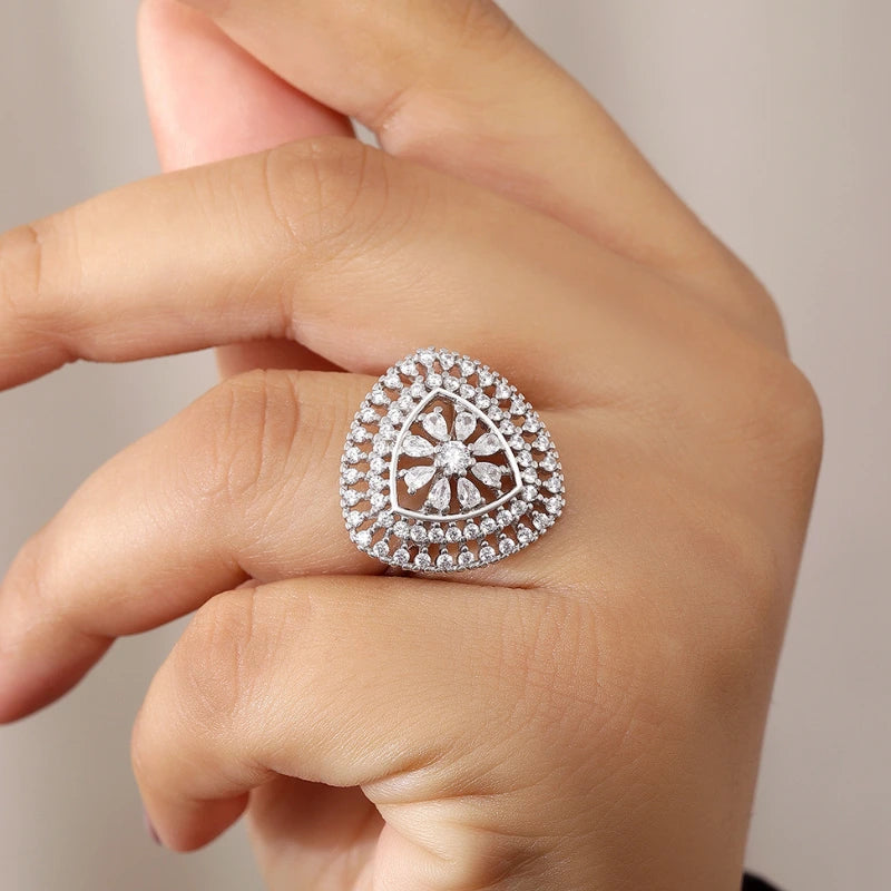 CZ Floral Shape Cluster Women's Silver Ring - Tweov Jewels