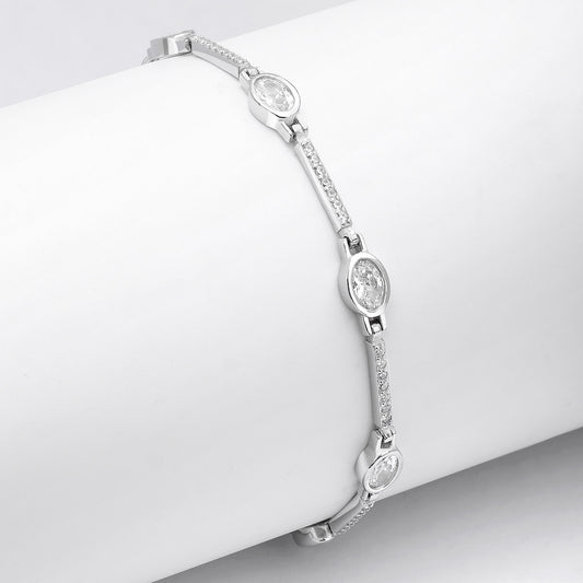 925 Sterling Silver Shiny White Cubic Zirconia Chain Bracelet - Tweov Jewels